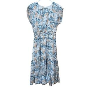 June & Hudson Blue Orange & Cream‎ Cap Sleeve Midi Lined Floral Ruffled Dress M